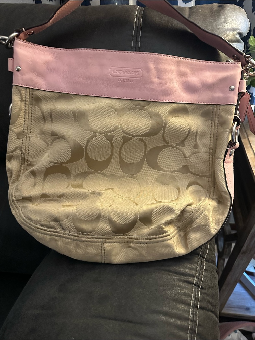 Coach Khaki Canvas Shoulder Bag with Pink Trim